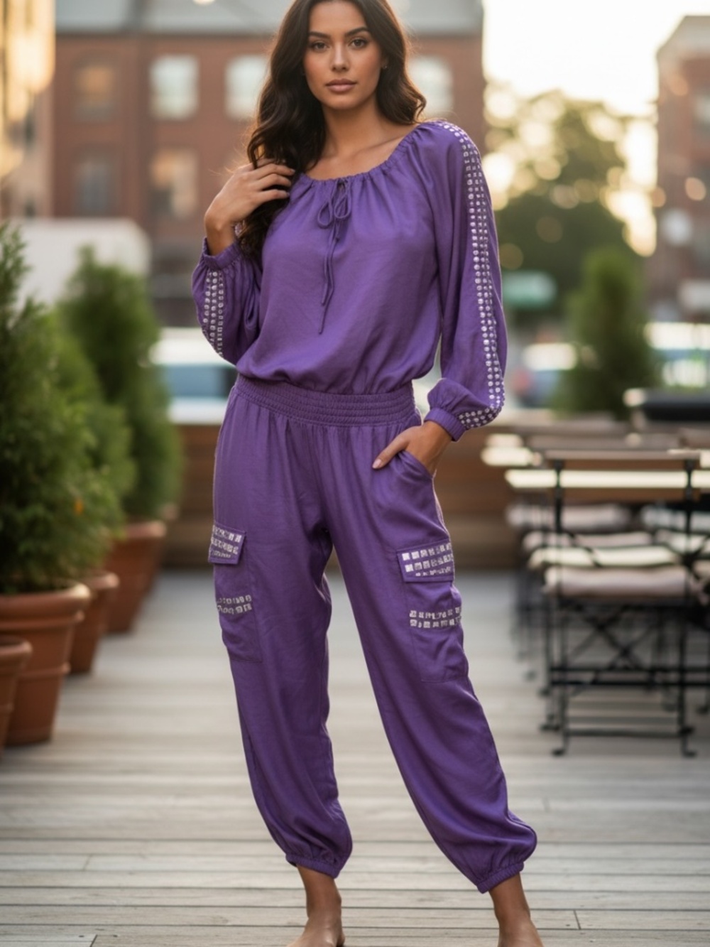 Off Shoulder Stud Smock Waist Cotton Jumpsuit